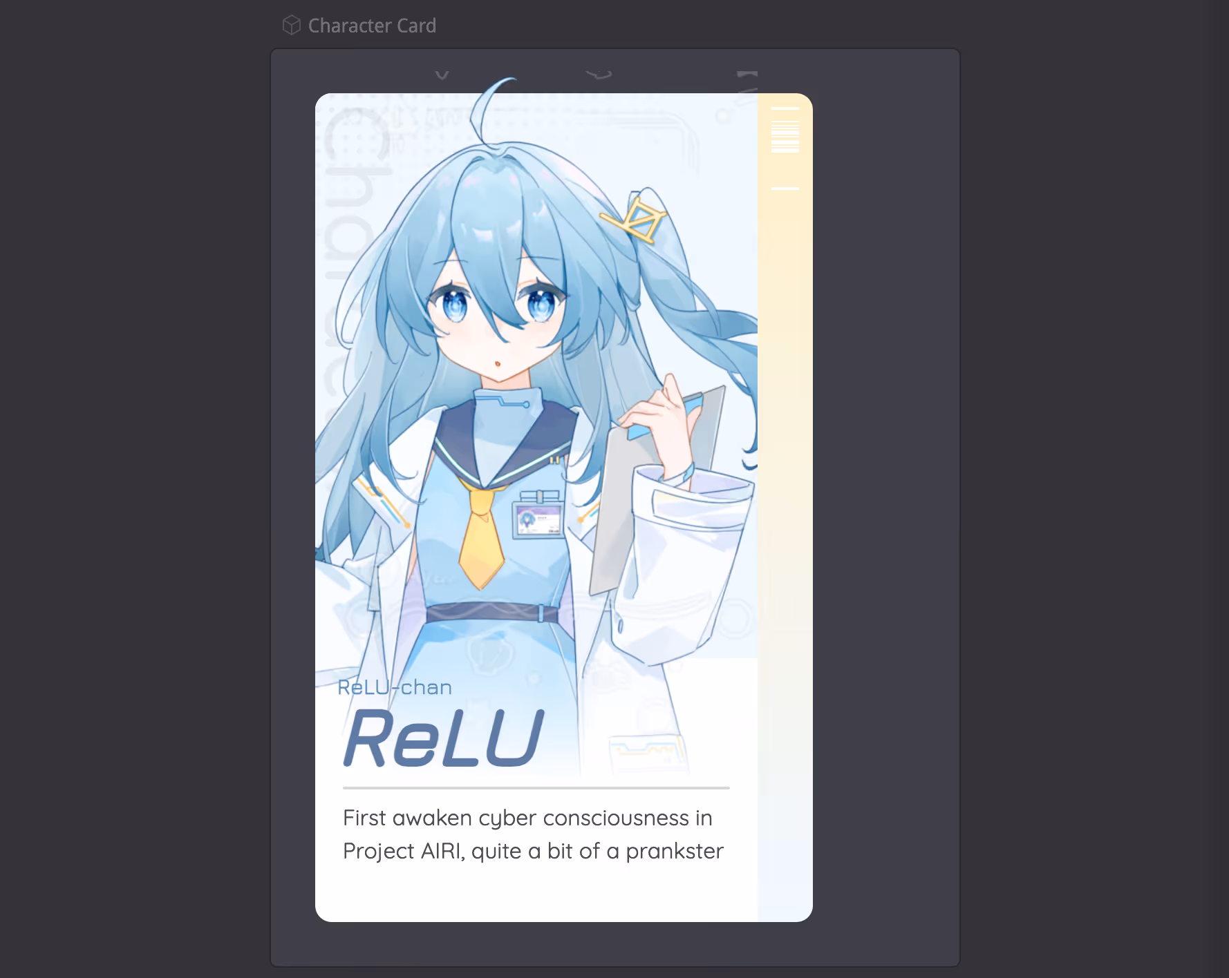 a card like user interface design for a blue hair character called ReLU